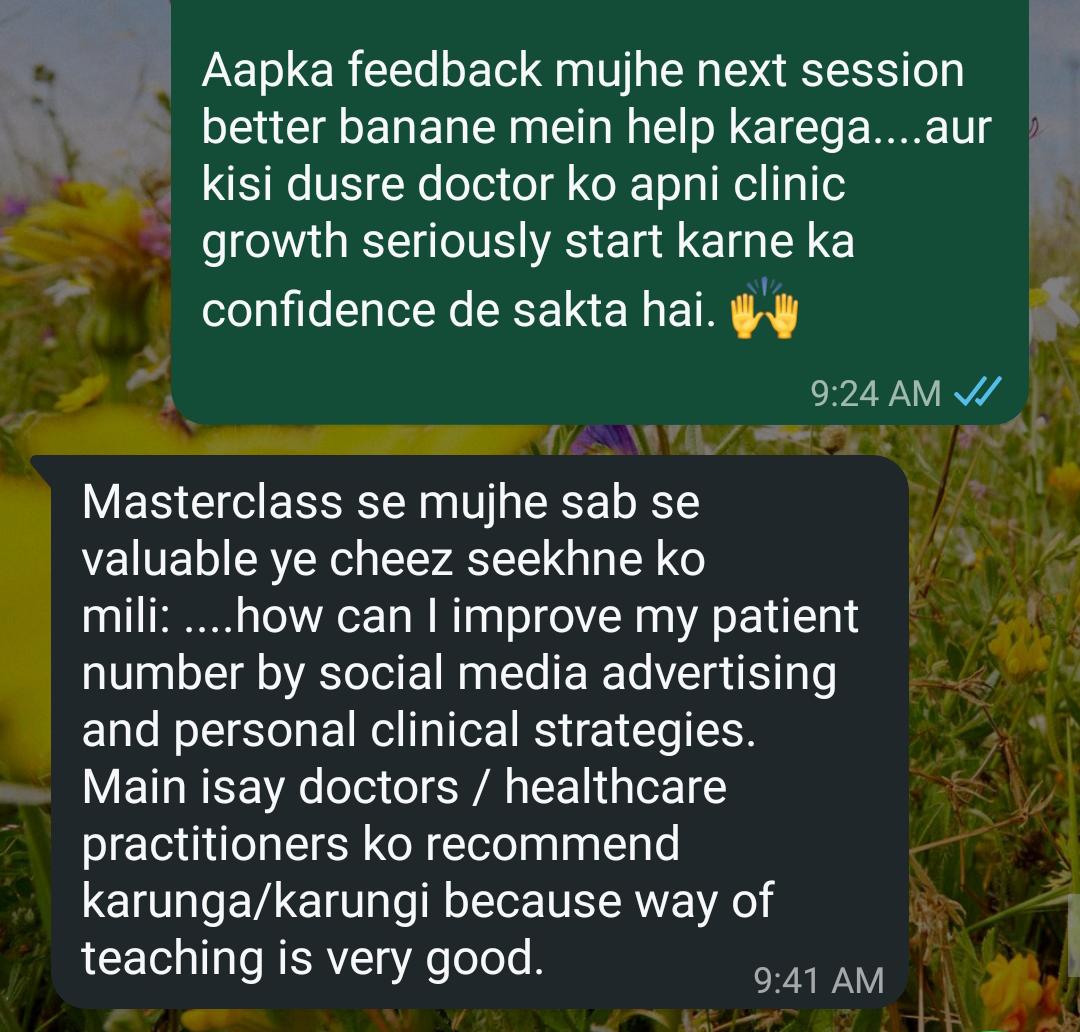 WhatsApp review screenshot from Dr. Mehwish Rasheed about the Clinic Growth Masterclass