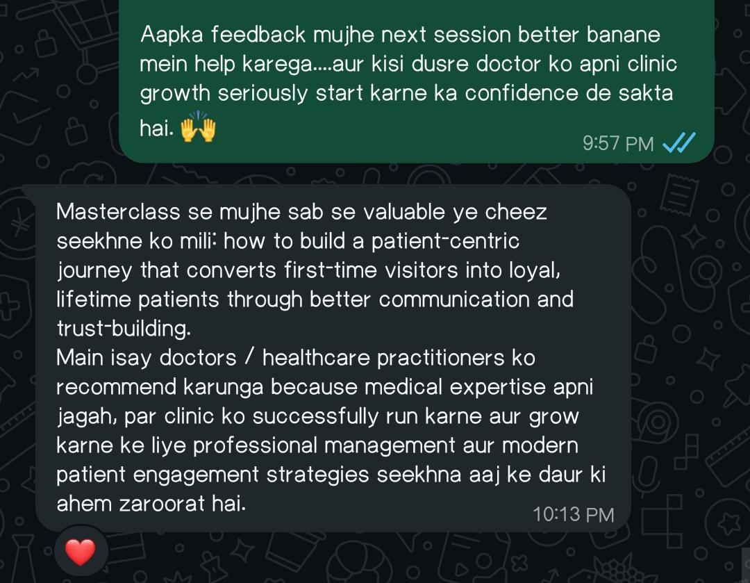 WhatsApp review screenshot from Dr. Jasim Mumtaz about the Clinic Growth Masterclass