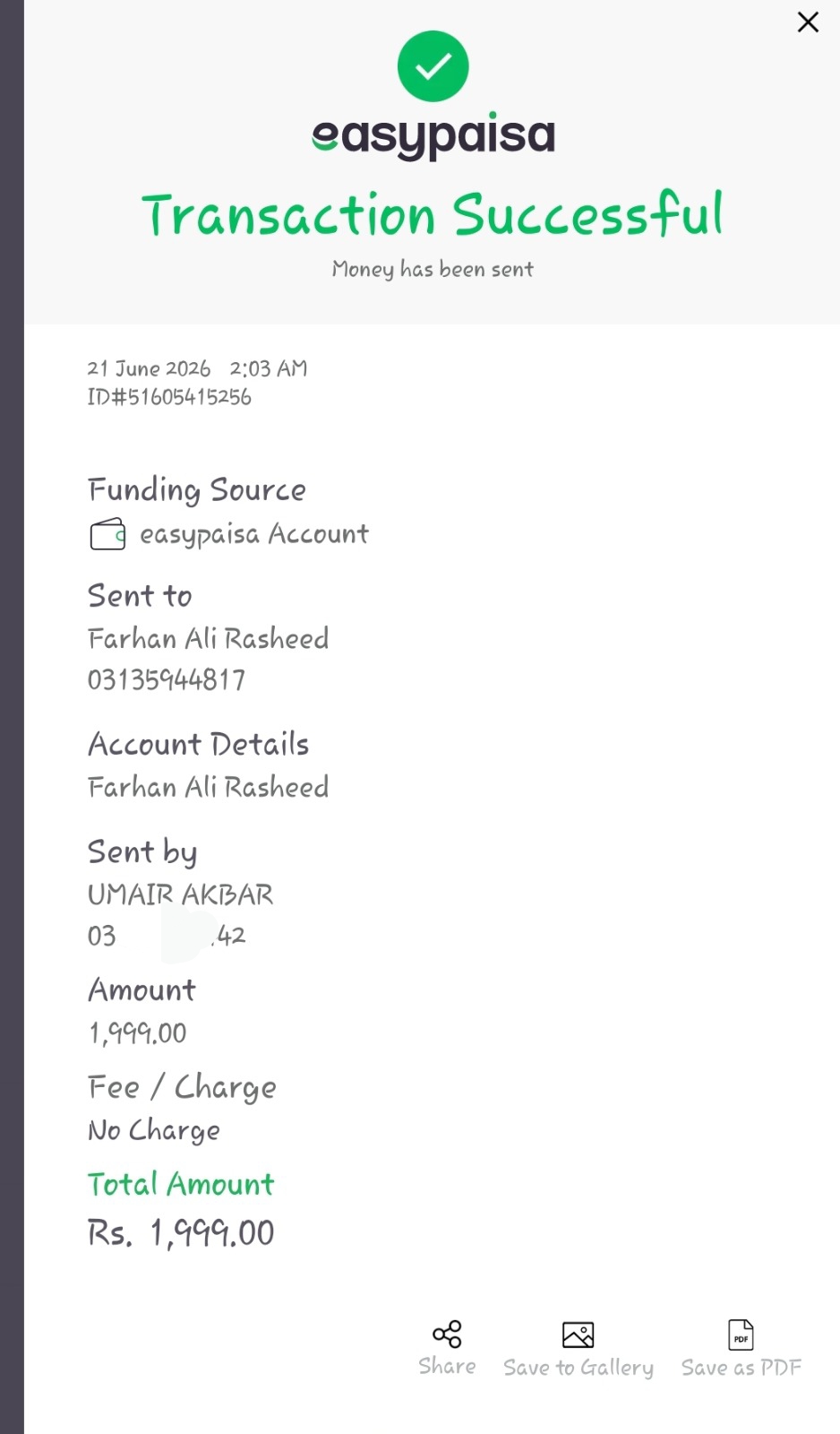 Easypaisa payment proof Rs. 1,999