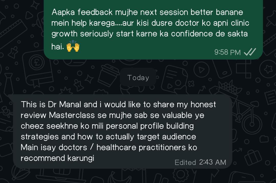 WhatsApp review screenshot from Dr. Manal Fatimah about the Clinic Growth Masterclass